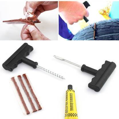 1513 Puncture Repair Kit Tubeless Tyre Full Set with Nose Pliers, Rubber Cement and Extra Strips for Cars, Bikes - SkyShopy 1513 Puncture Repair Kit Tubeless Tyre Full Set with Nose Pliers, Rubber Cement and Extra Strips for Cars, Bikes - SkyShopy